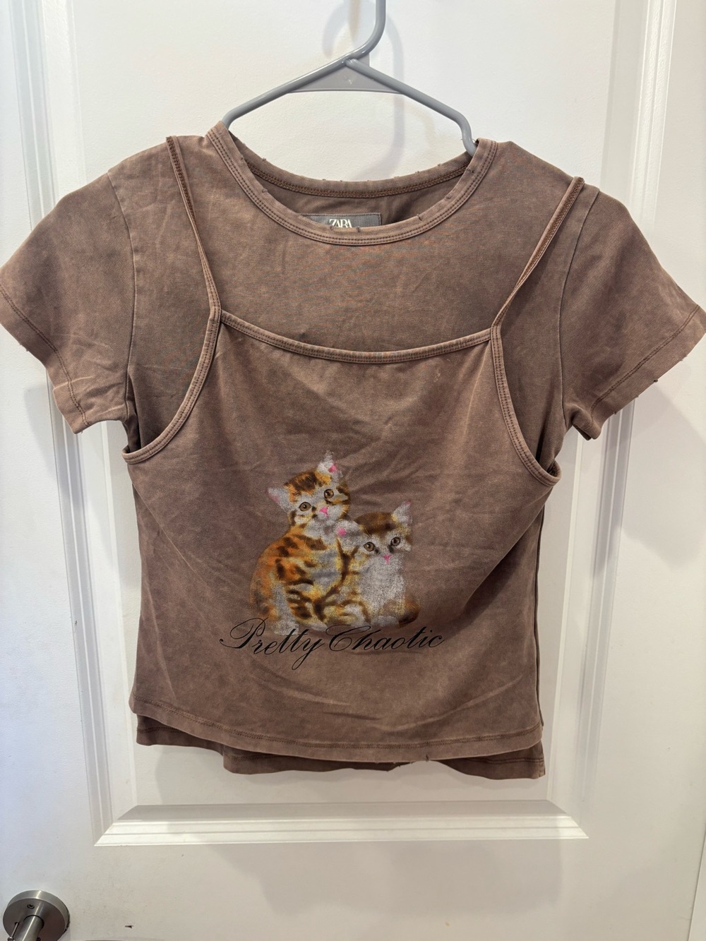 NWT Zara Shanghai edition Brown Layered-tank Tee with Kitten Graphic- M-L